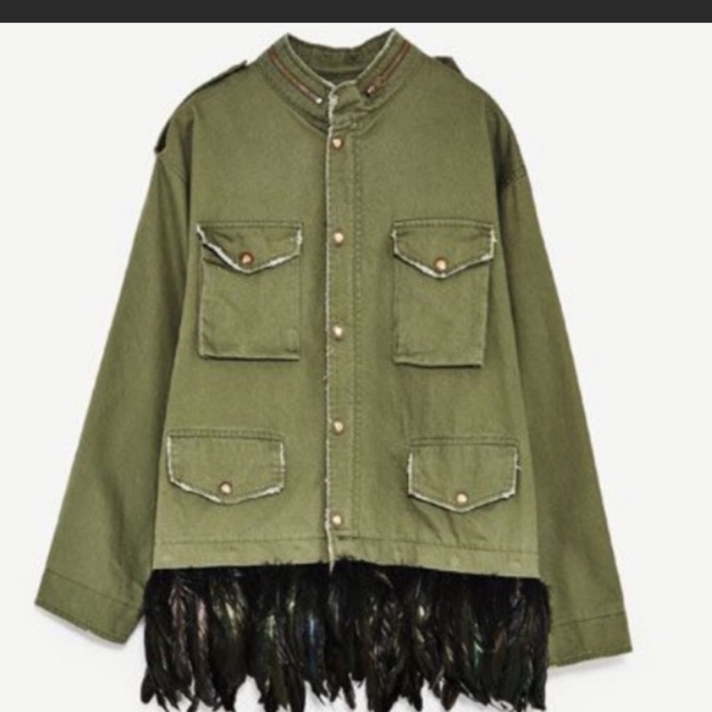 Zara utility jacket w/removable feathers XL NWOT